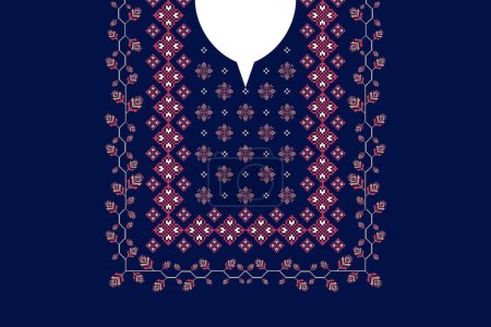 Illustration for Ethnic neck embroidery floral pattern. Ethnic neckline floral design. Vector geometric neckline traditional stitch pattern. Embroidery collar shirts fashion. Ethnic woman blouse or clothing fashion. - Royalty Free Image