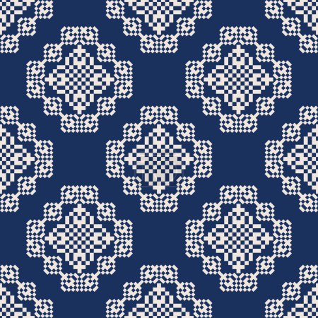 Illustration for Geometric blue-white embroidery pattern. Vector geometric floral square shape seamless pattern pixel art style. Ethnic geometric pattern use for textile, wallpaper, cushion, upholstery, wrapping, etc. - Royalty Free Image