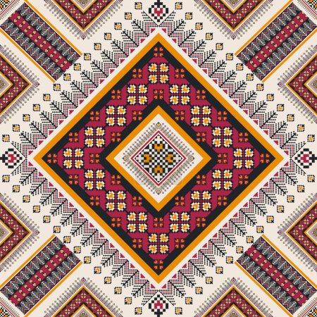 Illustration for Colorful embroidery ethnic geometric pattern. Vector geometric square floral shape seamless pattern pixel art style. Ethnic geometric pattern use for fabric, textile, home decoration elements, etc. - Royalty Free Image