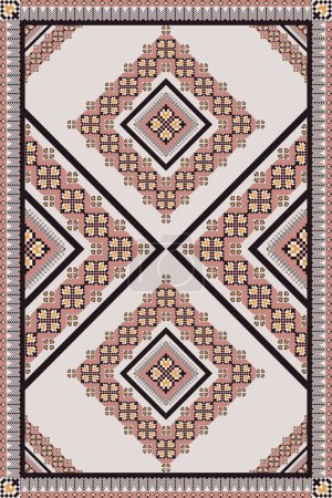 Illustration for Colorful geometric embroidery floral area rug pattern. Vector geometric floral square shape pixel art pattern. Ethnic geometric embroidery pattern use for carpet, floor rug, wall decorative, etc. - Royalty Free Image
