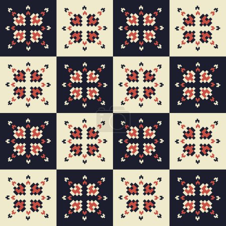 Illustration for Geometric pixel art tablecloth pattern. Vector geometric floral shape seamless checkered pattern pixel art style. Colorful geometric pattern use for textile, home decoration elements, upholstery, etc. - Royalty Free Image