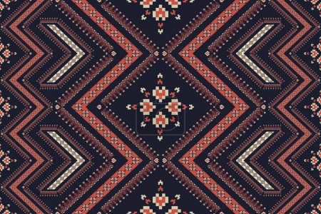 Illustration for Colorful embroidery ethnic geometric pattern. Vector ethnic geometric shape seamless pixel art pattern. Ethnic geometric stitch pattern use for textile, wallpaper, cushion, carpet, upholstery, etc. - Royalty Free Image