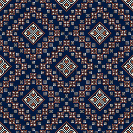 Illustration for Vintage embroidery geometric pattern. Vector ethnic geometric square floral shape pixel art seamless pattern. Ethnic geometric stitch pattern use for textile, wallpaper, cushion, quilt, upholstery. - Royalty Free Image