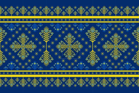 Illustration for Ukrainian embroidery colorful floral border pattern. Vector ethnic geometric pixel art floral seamless pattern. Colorful ethnic stitch pattern use for textile, border, home decoration elements. - Royalty Free Image