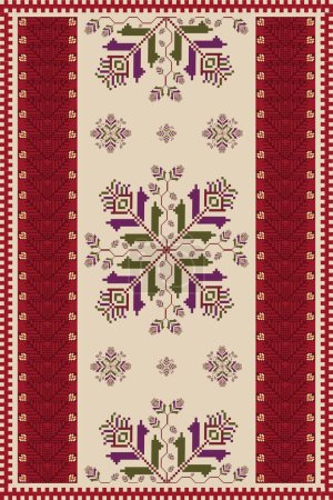 Illustration for Ethnic carpet, rug, wall tapestry embroidery pattern. Vector ethnic geometric floral pattern pixel art style. Ethnic geometric stitch pattern use for textile, home decoration elements, upholstery, etc - Royalty Free Image
