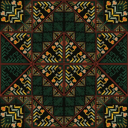 Illustration for Ethnic geometric floral embroidery patchwork pattern. Vector ethnic geometric floral stitch seamless pattern. Ethnic geometric floral pattern use for textile, home decoration elements, upholstery, etc - Royalty Free Image