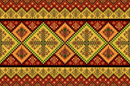 Illustration for Ethnic colorful geometric traditional embroidery pattern. Vector colorful ethnic geometric floral pixel art seamless pattern. Ethnic stitch pattern use for fabric, textile, home decoration elements. - Royalty Free Image