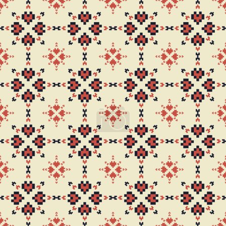 Illustration for Geometric floral shape pixel grid pattern. Vector geometric floral embroidery square grid seamless pattern. Geometric pixel pattern use for fabric, textile, home decoration elements, upholstery, etc. - Royalty Free Image