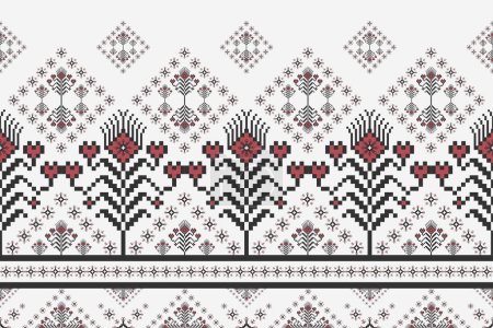 Illustration for Geometric floral border embroidery pattern. Vector ethnic geometric floral pixel art seamless pattern on white background. Ethnic floral stitch pattern use for textile, border, home decoration element - Royalty Free Image