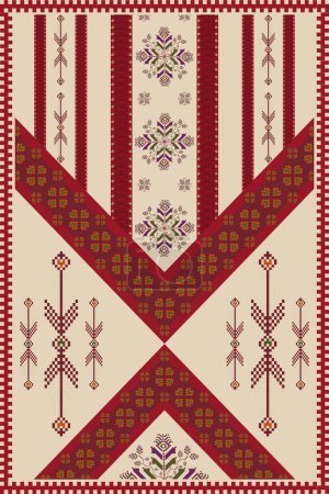 Illustration for Ethnic carpet, rug, wall tapestry embroidery pattern. Vector ethnic geometric pattern pixel art style. Ethnic geometric stitch pattern use for home decoration elements, wall decorative ornaments, etc. - Royalty Free Image