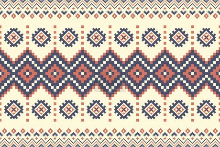 Illustration for Aztec Kilim geometric border pattern. Vector ethnic geometric square shape seamless pattern pixel art style. Aztec Kilim geometric pattern use for textile border, table runner, wallpaper, carpet, etc. - Royalty Free Image