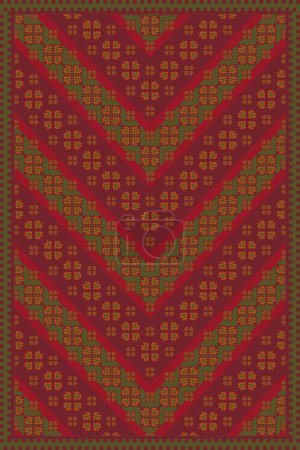 Illustration for Ethnic carpet, rug, wall tapestry embroidery pattern. Vector ethnic geometric floral chevron pattern. Ethnic geometric stitch pattern use for textile, home decoration elements, upholstery, etc. - Royalty Free Image