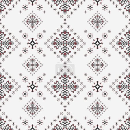 Illustration for Geometric floral embroidery pattern. Vector ethnic geometric floral square pixel art seamless pattern. Ethnic floral stitch pattern use for fabric, textile, home decoration element, upholstery, etc. - Royalty Free Image