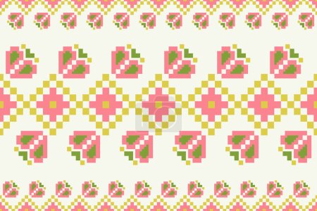 Illustration for Ethnic floral colorful embroidery border pattern. Vector geometric floral shape seamless pattern pixel art style. Ethnic geometric stitch pattern use for textile border, table runner, tablecloth, etc. - Royalty Free Image