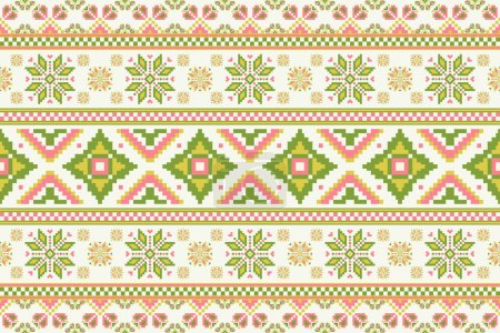 Illustration for Ethnic geometric floral colorful pattern. Vector geometric floral shape seamless pattern embroidery pixel art style. Ethnic geometric pattern use for textile, home decoration elements, upholstery, etc - Royalty Free Image