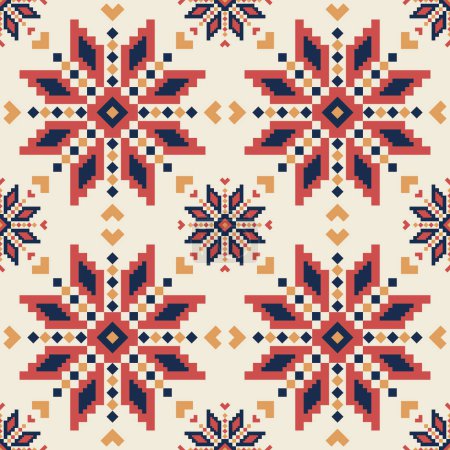 Illustration for Folk embroidery cross stitch floral colorful pattern. Vector ethnic embroidery geometric floral seamless pattern. Folk floral embroidery pattern use for fabric, textile, home decoration elements, etc. - Royalty Free Image