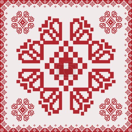 Illustration for Folk embroidery cross stitch floral motif pattern. Vector ethnic red-white geometric floral motif pattern. Folk floral embroidery pattern use for textile, home decoration elements, upholstery, etc. - Royalty Free Image