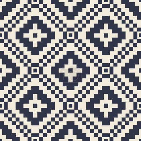Illustration for Aztec kilim geometric embroidery cross stitch pattern. Vector blue-white geometric shape seamless pattern. Ethnic geometric pattern use for fabric, textile, home decoration elements, upholstery, etc. - Royalty Free Image