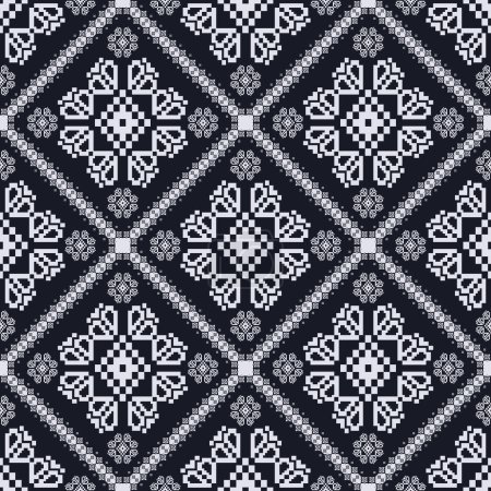 Illustration for Folk embroidery cross stitch floral geometric pattern. Vector ethnic blue-white geometric floral pattern. Folk floral embroidery pattern use for fabric, textile, home decoration elements, upholstery. - Royalty Free Image