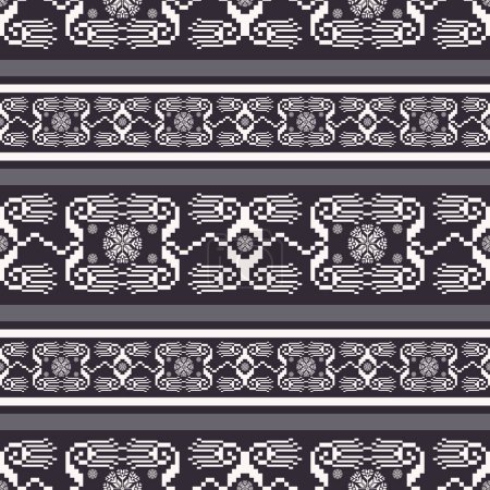 Illustration for Ethnic tribal embroidery black and white stripes pattern. Vector aztec tribal abstract geometric shape seamless pattern. Folk embroidery pattern use for textile, home decoration elements, upholstery. - Royalty Free Image