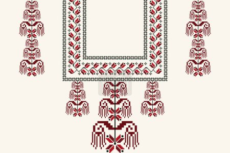 Illustration for Ethnic neck embroidery floral pattern. Ethnic neckline floral design. Vector geometric neckline traditional stitch pattern. Embroidery collar shirts fashion. Ethnic woman blouse, clothing fashion. - Royalty Free Image