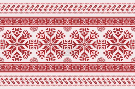Illustration for Folk embroidery cross stitch floral border pattern. Vector ethnic red-white geometric floral seamless pattern. Folk floral embroidery pattern use for textile, home decoration elements, upholstery, etc - Royalty Free Image