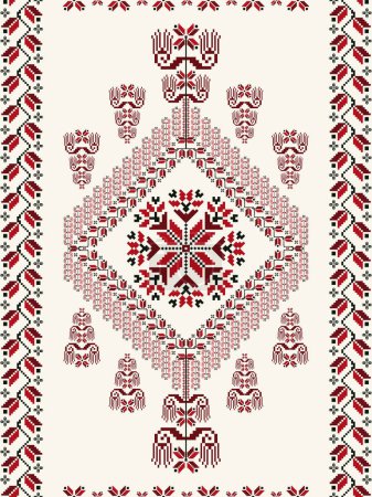 Illustration for Folk floral embroidery pattern. Vector folk embroidery geometric floral shape seamless pattern. Floral cross stitch pattern use for carpet, rug, wall tapestry, table runner, cushion, upholstery, etc. - Royalty Free Image