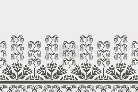 Illustration for Monochrome gray ethnic floral embroidery pattern. Vector abstract ethnic floral embroidery geometric monochrome seamless pattern. Use for textile border, tablecloth, table runner, wallpaper, cushion. - Royalty Free Image