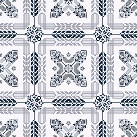 Illustration for Embroidery floral geometric square pattern. Vector embroidery folk geometric floral square tile seamless pattern. Ethnic geometric cross stitch pattern use for textile, home decoration elements, etc. - Royalty Free Image