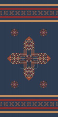 Illustration for Geometric embroidery floral border pattern. Vector embroidery folk geometric floral seamless pattern. Ethnic geometric floral pattern use for textile border, area rugs, table runner, tablecloth, etc. - Royalty Free Image