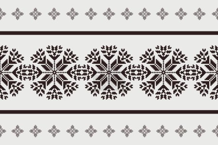 Illustration for Ethnic floral embroidery border pattern. Vector abstract ethnic floral embroidery geometric shape seamless pattern. Use for textile border, tablecloth, table runner, wallpaper, cushion, carpet, etc. - Royalty Free Image