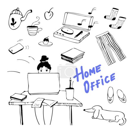 Illustration for Woman at work desk with laptop working from home, illustration, doodle: home office, laptop, working woman with laptop, work, professional, working atmosphere, comfort, homework, being busy, pet, book - Royalty Free Image