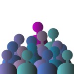 People. Abstract team and leader, illustration. Crowd of people silhouettes icon with vector gradient. Flat design on isolated white background. Group of corporate team, like-minded people and leader