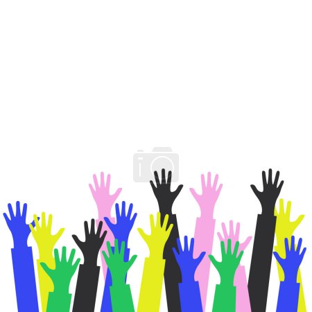 Téléchargez les illustrations : The group raised human arms and hands. Diversity multiethnic people. Racial equality. Men and women of different cultures and peoples. harmony of coexistence. Multicultural Community Integration. Vector - en licence libre de droit