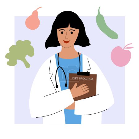 Dietitian or nutritionist. Female doctor in a medical coat with vegetables, fruits, food. Online service or platform for nutritionists. Online course. Nutrition recommendations. Flat illustration.Vector