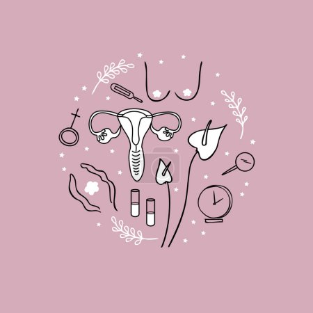 Care of the female reproductive system. Breast, uterus, flowers. Women's health, fertility. Female ovaries, symbol of the vagina. Female menopause. Gynecology. Anatomical female organs. Illustration