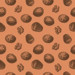 Seamless repeating pattern with walnut kernels and fruits on a brown background. Multicolored background with nuts. Vector
