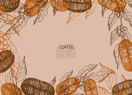 Téléchargez les illustrations : Ensemble avec grains de café et plante de café. Illustration d'un ensemble de grains de café dessinés à la main dans un style esquissé. Couleur café. Élément design. Pour texte, étiquette, bannière et logo.Illustration vectorielle - en licence libre de droit