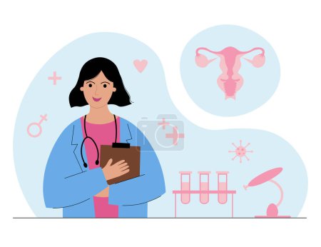 Gynecologist. Doctor in a medical gown, depiction of female reproductive organs, devices for analysis. Women's health, examination, tests, pregnancy, consultation of a gynecologist or reproductologist