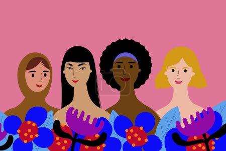 Illustration for Multiethnic group of women. Illustration with many female faces of different nationalities and colors. Women's solidarity, ethnic tolerance, women's society. Flat vector illustration - Royalty Free Image