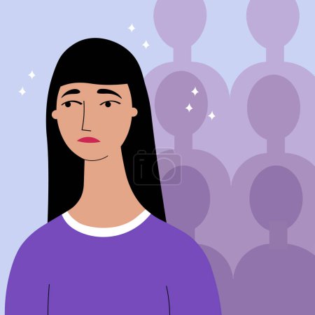 Illustration for Unhappy character feel lonely abandoned in crowd suffer from communication lack. Upset character struggle with depression, stressed  or mental disorder. Psychological problem. Flat vector illustration - Royalty Free Image