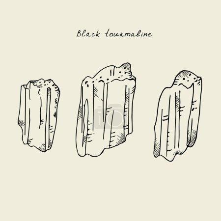 Macro stone black mineral tourmaline. Illustration of magical tourmaline stone hand drawn in sketch style. Vector