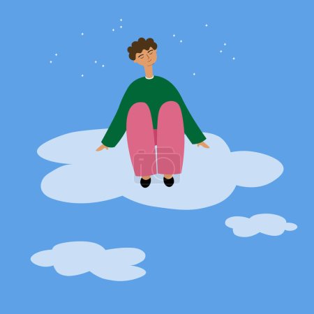 The character sits on a cloud and dreams in the clouds, far away from everyone. Lonely man in his inner world. An introvert in your own world. Flat illustration in cartoon style. Vector