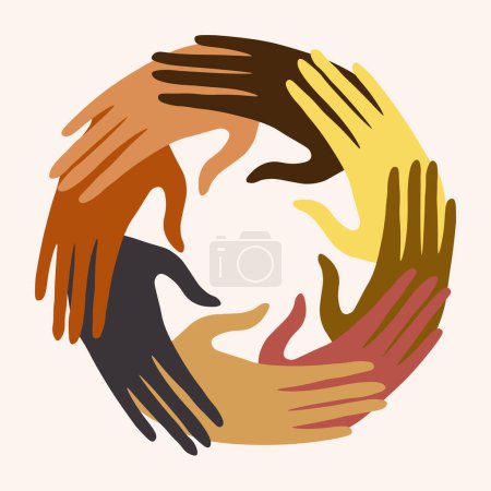 Illustration for Group of hands in a circle of multiethnic diverse people.People of different cultures.Concept against racism. Cooperation trust help and support.Diversity people.Community.Agreement between colleagues - Royalty Free Image