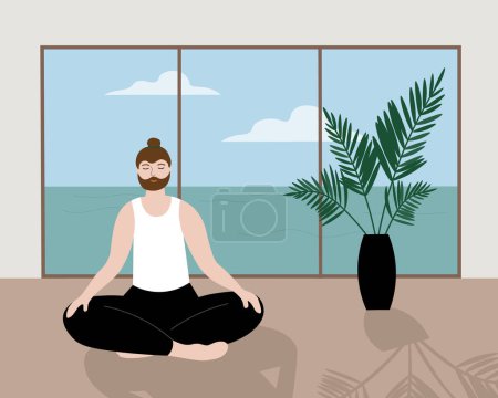Illustration for A man does yoga, meditation, does exercises in a room with a houseplant. Calm character sits on the floor against the backdrop of the seascape outside the window.Cartoon vector illustration - Royalty Free Image