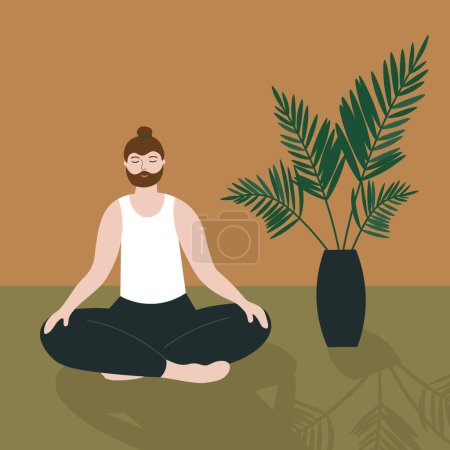 Ilustración de Hombre haciendo yoga, meditación en la habitación con una planta de interior. Un carácter tranquilo está sentado en el suelo. Una persona se dedica a ejercicios en armonía con sí mismo, disfruta. Dibujos animados vector ilustración - Imagen libre de derechos