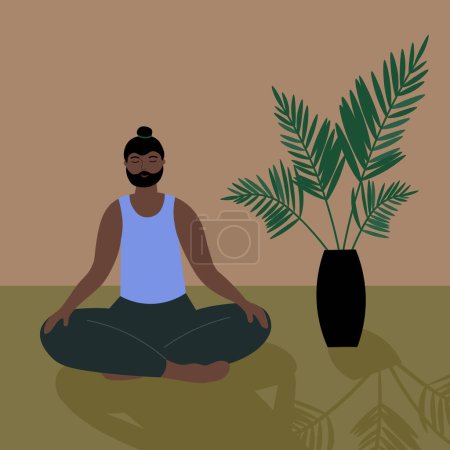 Ilustración de Un hombre hace yoga, medita en una habitación con una planta de interior. Un personaje tranquilo se sienta en un suelo rústico. Una persona se dedica a ejercicios en armonía consigo mismo, calma, disfruta. Dibujos animados vector ilustración - Imagen libre de derechos