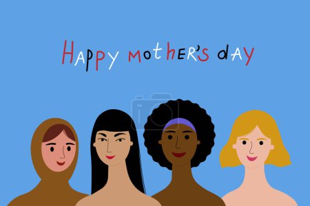 Illustration for Happy mother's day. Congratulations on the international holiday. Hand drawing of a woman mom of different races and hand lettering . Cartoon illustration. For postcards, banners, printing products. - Royalty Free Image
