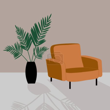 Ilustración de Sillón. Ilustración de un interior con un sillón naranja, una planta de interior y una sombra que cae de los objetos. Una habitación con paredes grises y muebles tapizados brillantes. Dibujado a mano gráficos vectoriales planos - Imagen libre de derechos