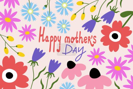 Glücklicher Muttertag. Glückwunsch zum internationalen Feiertag. Handgezeichnete Blumen und handgeschriebene Glückwünsche zum Muttertag. Cartoon-Illustration. Für Postkarten, Banner, Vorlagen, Druckprodukte. Vector